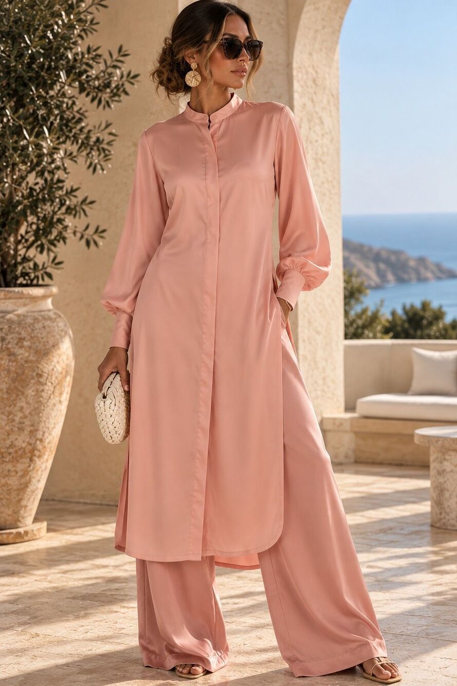 NWT Andrea Iyamah Blush Pink Satin Longline Tunic Blouse Size Small